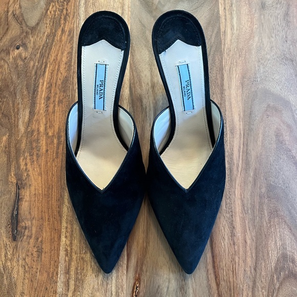 PRADA BLACK SUEDE POINTY LOAFER MULE HEEL - Picture 1 of 5